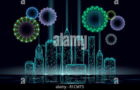 E moderno grattacielo vacanza cityscape di Natale. Anno nuovo 3D punto poligonale della linea blu scuro cielo notturno eve greeting card modello. Luce incandescente città in festa silhouette illustrazione vettoriale Illustrazione Vettoriale