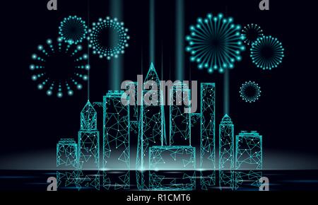 E moderno grattacielo vacanza cityscape di Natale. Anno nuovo 3D punto poligonale della linea blu scuro cielo notturno eve greeting card modello. Luce incandescente città in festa silhouette illustrazione vettoriale Illustrazione Vettoriale