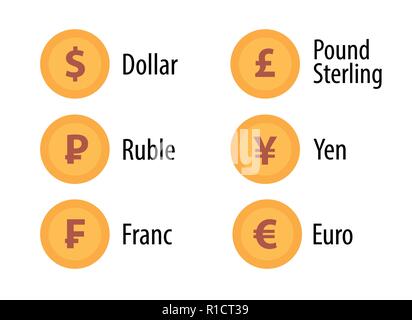 Icona Set di token valuta il colore oro in stile appartamento, illustrazione vettoriale di monete con segno isolato su bianco. Illustrazione Vettoriale