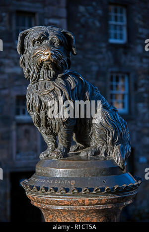 La statua di Greyfriars Bobby fuori Greyfriars Kirkyard a Edimburgo, Scozia. Foto Stock