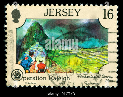 I francobolli da Jersey nel funzionamento Raleigh serie emessi nel 1988 Foto Stock