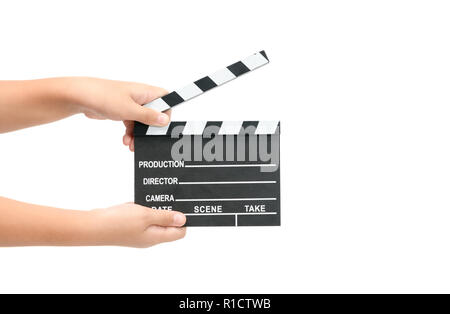 Little Girl holding movie clapper isolati su sfondo bianco, concetto di cinema Foto Stock