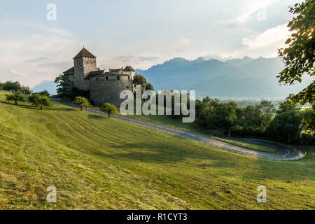 A Vaduz castello dal Liechtenstein con meravigliose Alpi sullo sfondo. Una buona vista da erba verde campo. Foto Stock