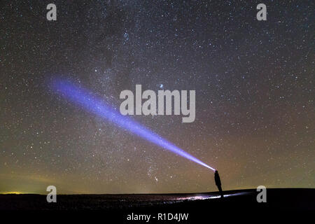 Silhouette nera dell'uomo con testa torcia elettrica permanente sulla verde campo erboso, lungo raggio blu in tutta bella estate scuro cielo stellato. La bellezza di Natura Foto Stock