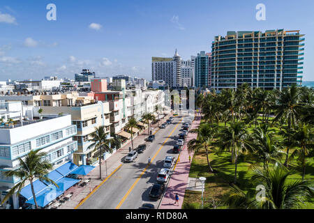Miami Beach Florida,Ocean Drive,Lummus Park,vista aerea dall'alto,The Penguin,hotel,il Villaggio,condominio appartamenti Foto Stock