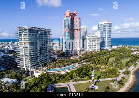 Miami Beach Florida, South Pointe Park, vista aerea dall'alto, Apogee Condominium, Portofino, Continuum South Beach, grattacieli grattacieli in alto edificio Foto Stock