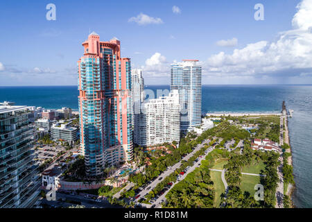 Miami Beach Florida, South Pointe Park, vista aerea dall'alto, Apogee Condominium, Portofino, Continuum South Beach, grattacieli grattacieli in alto edificio Foto Stock