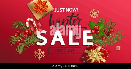 Inverno vendita banner per Natale e Capodanno vacanze.50 percento di sconto card su sfondo rosso con i tradizionali elementi di natale-confezione regalo con fiocco oro,candy cane, ramo.illustrazione vettoriale. Illustrazione Vettoriale