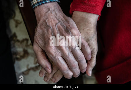 Berlino, Germania. 08 Nov, 2018. Seniors tenere le mani nel Immanuel Seniorenzentrum Schöneberg. Il 14 novembre, sarà la prima casa in Germania per ricevere un sigillo di qualità per la cosiddetta LSBTI*-cura sensibile. (A '"diversità come un luogo per vivere" - Schöneberger Heim nutre 'residenti*innen'' dal 12.11.2018) Credito: Paolo Zinken/dpa/Alamy Live News Foto Stock