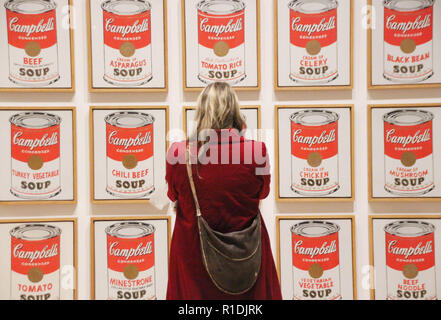 New York, Stati Uniti d'America. 6 Nov, 2018. Un visitatore si erge davanti ad Andy Warhol di lavoro 'Campbell's barattoli di zuppa' a noi retrospettiva dell'artista in New York del Whitney Museum. La prima grande retrospettiva noi dell'opera dell'artista Andy Warhol (1928-1987) in circa trenta anni è stata sulla vista esiste da Lunedì. Credito: Christina Horsten/dpa/Alamy Live News Foto Stock