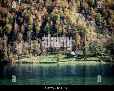 Immagine della piccola casa accanto a un lago e forrest in autunno Foto Stock