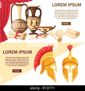 La cultura greca concetto. La pagina del sito web e mobile app design. Bronzo casco spartan e antiche pergamene con vaso brocca e. Appartamento illustrazione vettoriale su wh Illustrazione Vettoriale