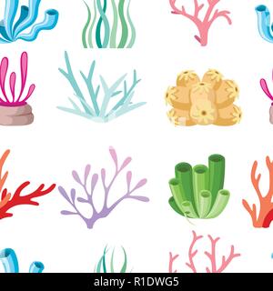 Modello senza giunture. Raccolta di colorati coralli e alghe. Deep sea design floreale. Ocean flora e fauna. Appartamento illustrazione vettoriale su bianco backgrou Illustrazione Vettoriale