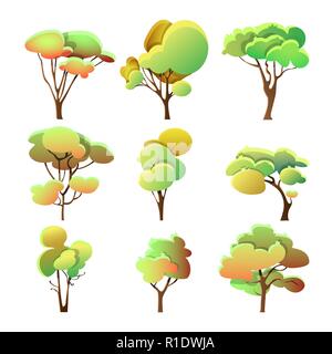 Set di alberi colorati di forma diversa con foglie Illustrazione Vettoriale