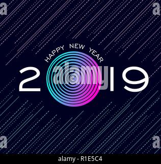 Felice Anno Nuovo 2019 biglietto di auguri con colorata notte design, numeri e sfondo geometrico. Illustrazione Vettoriale