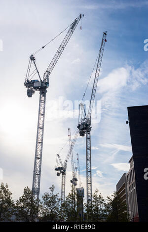 Sagome di più massiccia costruzione di gru con sky blue sky in background Foto Stock