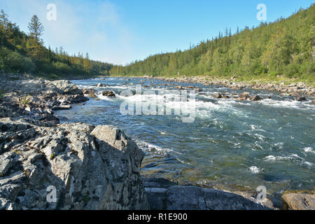 Soglia di fiume sul fiume taiga. Estate acqua rapids paesaggio nel Urali polari. Foto Stock
