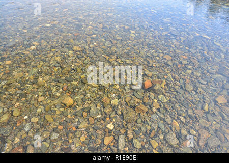 Sfondo - ciottoli di fiume. La parte inferiore del fiume sotto un sottile strato di acqua. Foto Stock