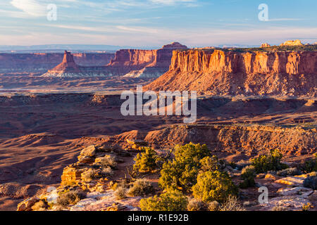 Ora d'oro la luce sul candelabro Tower e l'isola nel cielo dalla fine del Grand Viewpoint nel Parco Nazionale di Canyonlands, Utah. Foto Stock