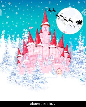 Cartoon castello rosa sullo sfondo dell'inverno coperti di neve foresta. Silhouette di Santa su di una slitta contro il cielo di notte e la luna. Terre di inverno Illustrazione Vettoriale
