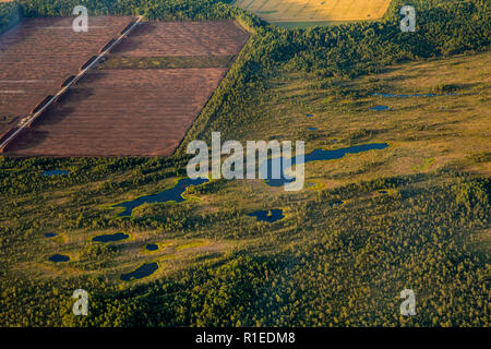 Estrazione di torba( brown area campo) da bog in Estonia, Nord Europa nel crepuscolo in estate. Dovuti a graffi e riflessioni sul piano della finestra, ther Foto Stock