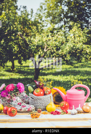 Giardinaggio stagionale impostare lo sfondo con vari autunno frutta e verdura strumenti giardiniere, rosa annaffiatoio, bianco rosa floreale wellies caviglia, all'aperto Foto Stock