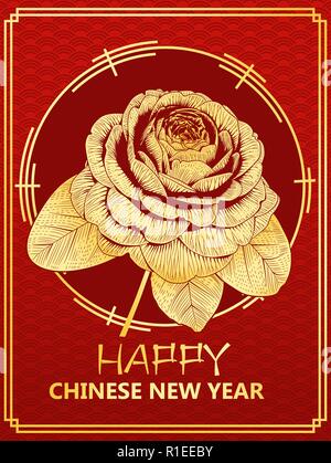 Anno Nuovo Cinese carta regalo con golden rose forma camellia fiore sulla scala del drago sfondo illustrazione vettoriale Illustrazione Vettoriale