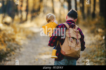 Una vista posteriore del padre tenendo un Bimbo bimba in una foresta autunnale, passeggiate. Foto Stock