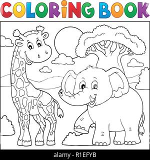 Libro da colorare natura africana tema 1 - eps10 illustrazione vettoriale. Illustrazione Vettoriale