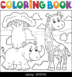 Libro da colorare natura africana argomento 2 - eps10 illustrazione vettoriale. Illustrazione Vettoriale