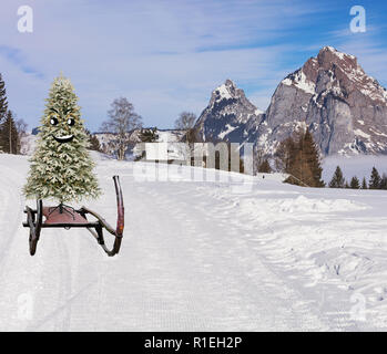 Buon Natale un felice natale sorridente pino scorrendo giù per la collina su una slitta in inverno un paesaggio di montagna Foto Stock