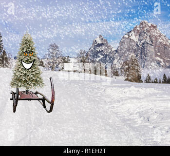 Buon Natale un sorriso felice natale pino slittare giù per la collina di sci pendenza su di una slitta in caso di neve in inverno un paesaggio di montagna Foto Stock