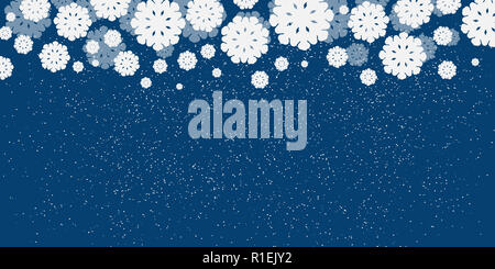 Blu sullo sfondo di Natale con fiocchi di neve bianca e neve confine. Per Natale design. Foto Stock