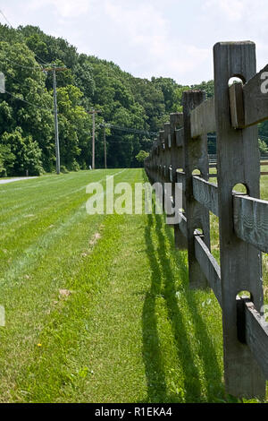 Horse farm con lunghi divisi in legno-rail recinzioni e cavalli in cerca di sollievo da Sun sulla giornata calda. Foto Stock