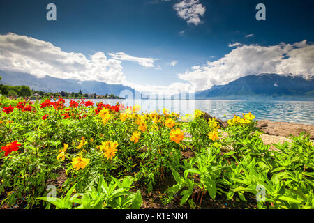 La città di Montreux con alpi svizzere, il lago di Ginevra e il vigneto di Lavaux regione, Canton Vaud, Svizzera, Europa. Foto Stock