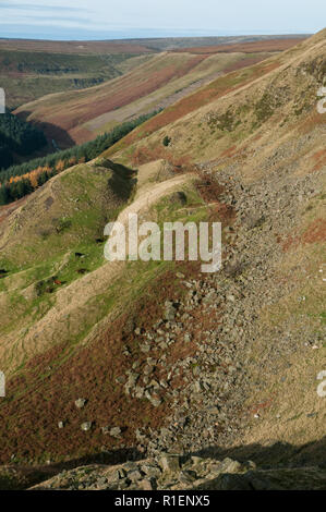 Valle Alport frana dalla sommità del Alport Castelli, il Parco Nazionale di Peak District, REGNO UNITO Foto Stock