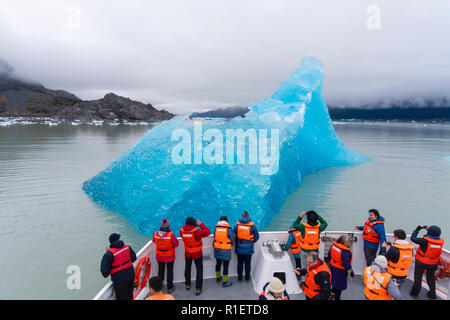 I turisti in un tour in barca di ottenere una vista ravvicinata di iceberg a Torres del Paine Foto Stock