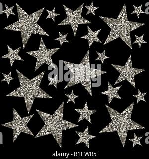 Stelle d'argento. Sfondo nero. Illustrazione vettoriale. La consistenza del glitter. Illustrazione Vettoriale