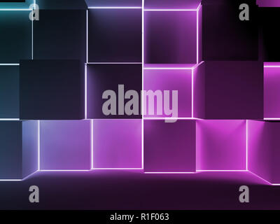 Abstract scuro dello sfondo digitale con colorati cubi luminosi l'installazione. 3d illustrazione Foto Stock