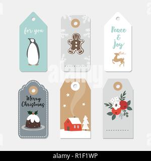 Vintage regalo di Natale tag set. Disegnato a mano le etichette con fiori invernali, frutta, budino, penguin bird, gingerbread cookie e la casa. Vettore isolato illustrazione degli oggetti. Illustrazione Vettoriale