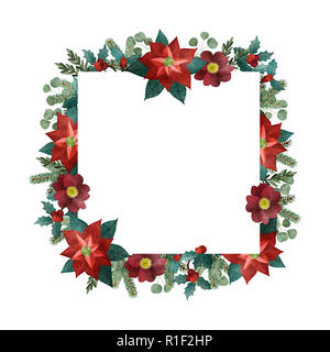 Natale Vintage greeting card, invito. Acquerello cornice quadrata, di confine. Abete, rami di eucalipto, poinsettia, wild rose fiori, holly berr Foto Stock