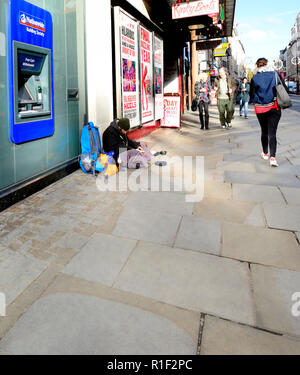 Uomo senza tetto con un cane, la lettura di un libro, The Strand, Londra, Inghilterra, Regno Unito. Foto Stock