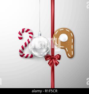 Anno Nuovo 2019 banner. Creative lettering festive. Caramelle e palla di Natale nastro con archetto e gingerbread cookie. Illustrazione Vettoriale Illustrazione Vettoriale