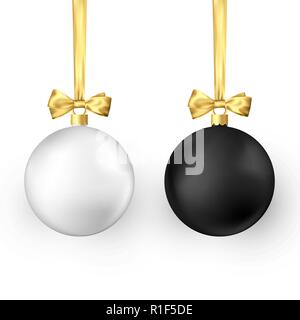 Set di palle di Natale. Lucida realistico Natale e Anno Nuovo addobbi per l'albero. Bianco e nero vacanza tradizionale realistico palle di Natale con golden Illustrazione Vettoriale