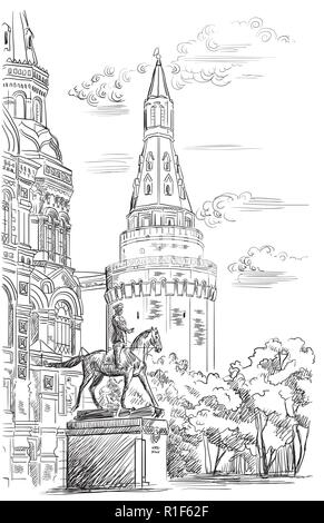 Paesaggio di Torre del Cremlino, il museo storico statale e il monumento al maresciallo Zhukov (Piazza Rossa di Mosca, Russia) vettore isolato del disegno a mano illustrat Illustrazione Vettoriale