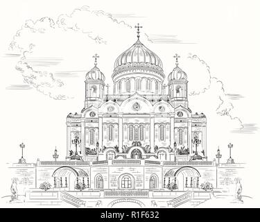 Paesaggio della Cattedrale di Cristo Salvatore (Mosca, Russia) vettore isolato del disegno a mano illustrazione in colore nero su sfondo bianco Illustrazione Vettoriale