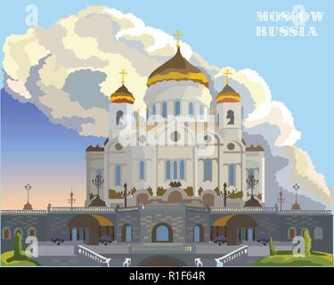 Paesaggio della Cattedrale di Cristo Salvatore (Mosca, Russia) colorato isolato illustrazione vettoriale. Illustrazione Vettoriale