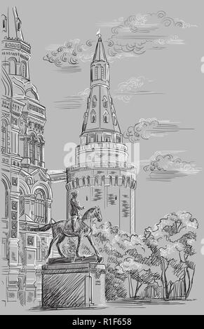 Paesaggio di Torre del Cremlino, il museo storico statale e il monumento al maresciallo Zhukov (Piazza Rossa di Mosca, Russia) vettore isolato del disegno a mano illustrat Illustrazione Vettoriale