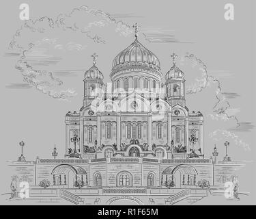 Paesaggio della Cattedrale di Cristo Salvatore (Mosca, Russia) vettore isolato del disegno a mano illustrazione nei colori bianco e nero su sfondo grigio Illustrazione Vettoriale