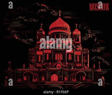 Paesaggio della Cattedrale di Cristo Salvatore (Mosca, Russia) vettore isolato del disegno a mano illustrazione in rosso e beige a colori su sfondo nero Illustrazione Vettoriale